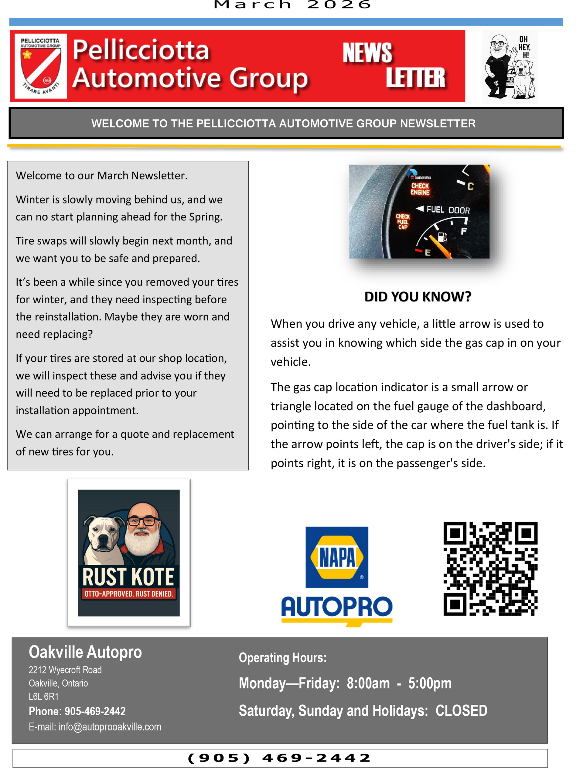 Pellicciotta Automotive Group newsletter: people, text, logos, and QR code, promoting automotive services. | AUTOPRO Oakville