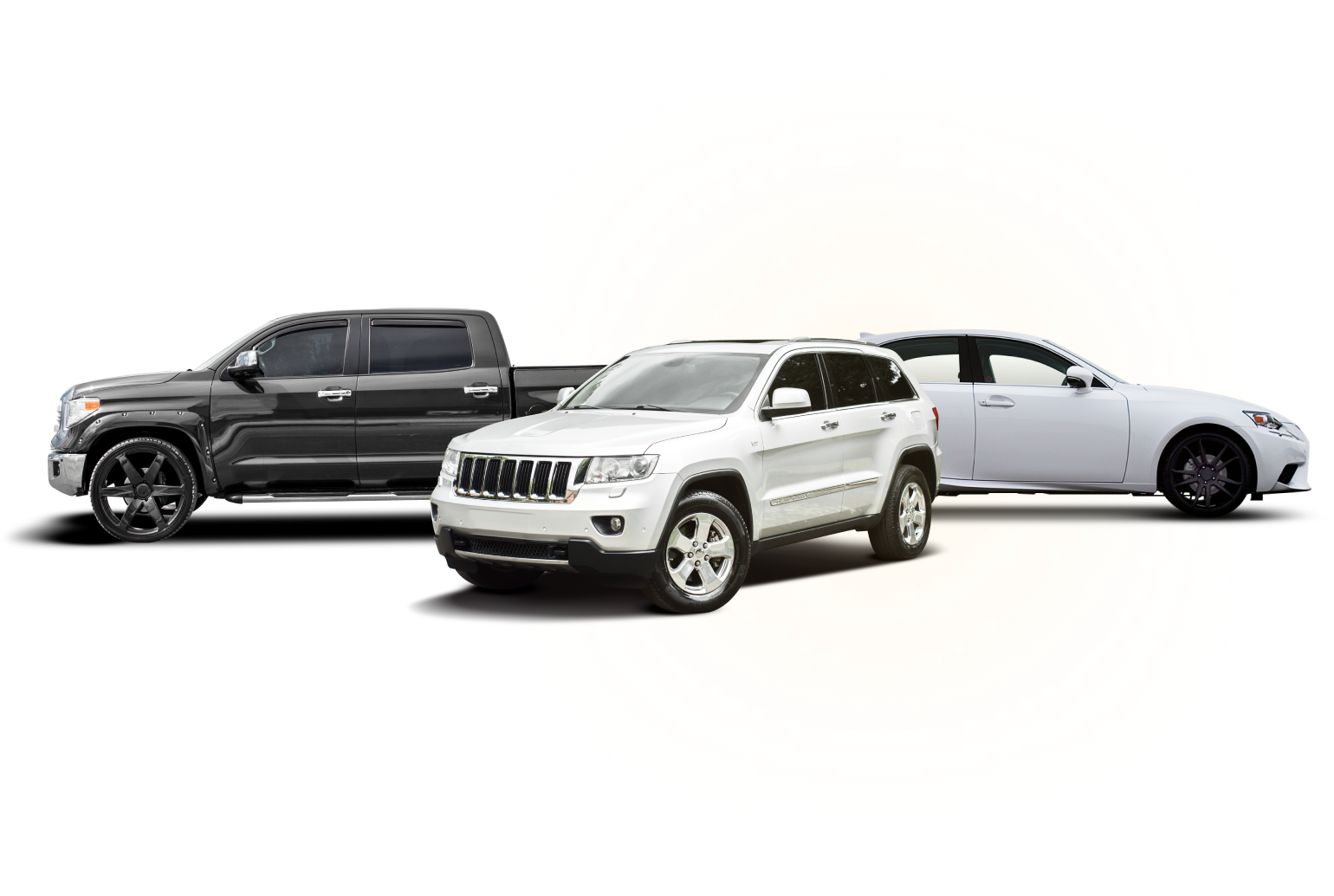 Black pickup truck, white SUV, and white sedan vehicles on a white background | AUTOPRO Oakville