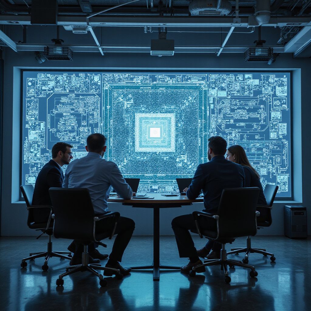 Four people at a table in front of a large screen displaying a blue circuit board diagram.