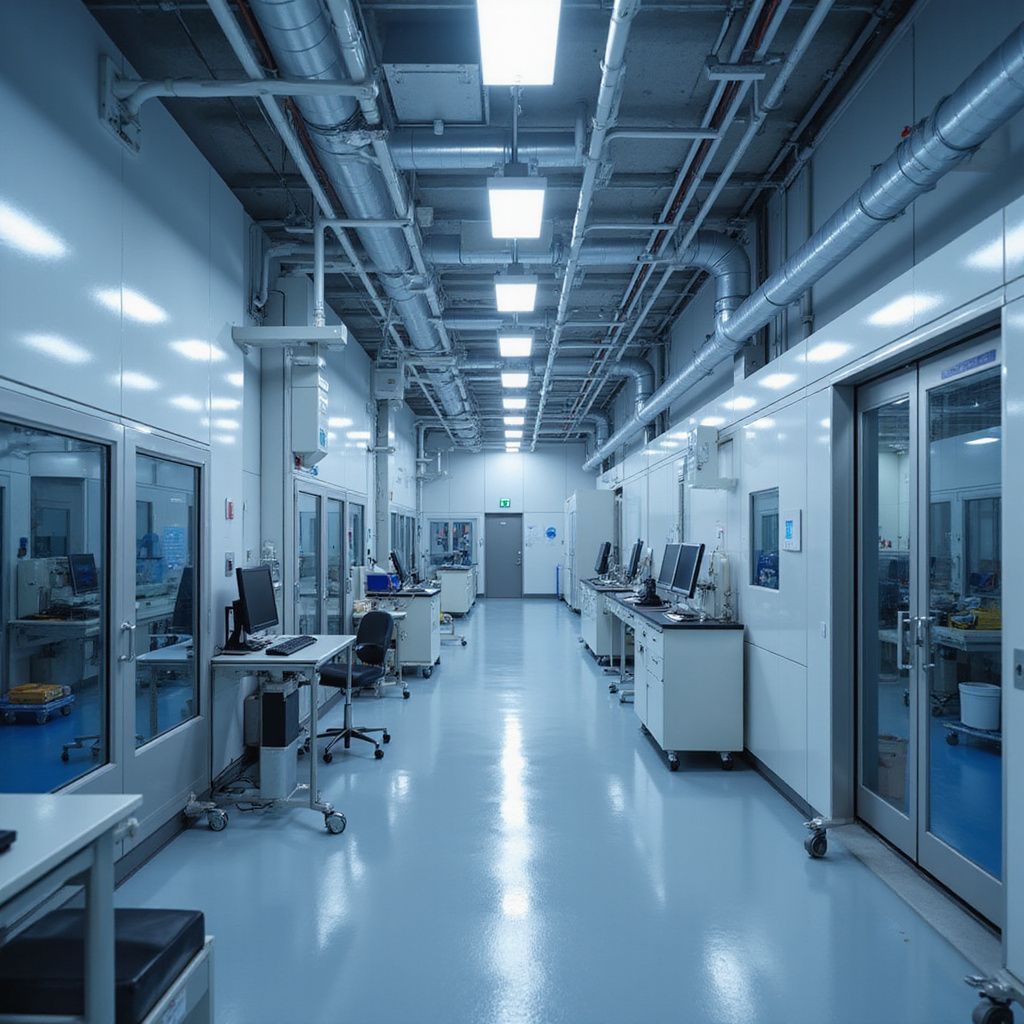 Laboratory hallway with bright lights, pipes, computers, and closed white lab doors.