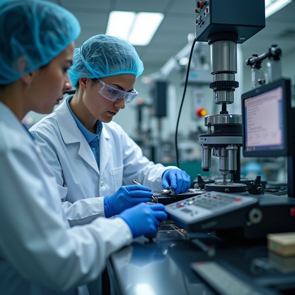 Two scientists in lab coats, hair nets, and goggles work with equipment in a laboratory setting.