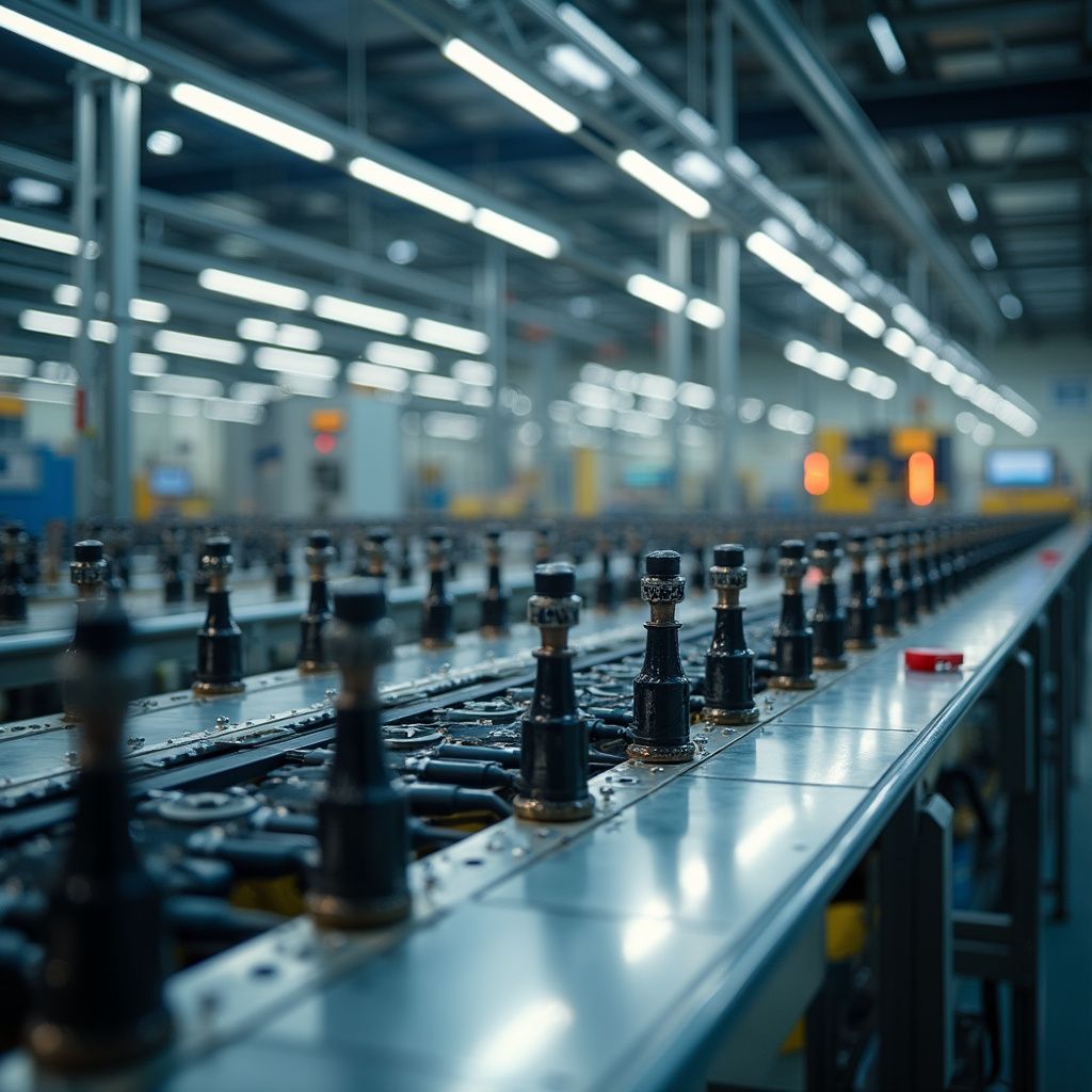 Assembly line in a factory with objects on conveyor belts, under bright lights.