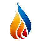 Logotipo abstracto de llamas en azul, naranja y rojo sobre un fondo blanco.