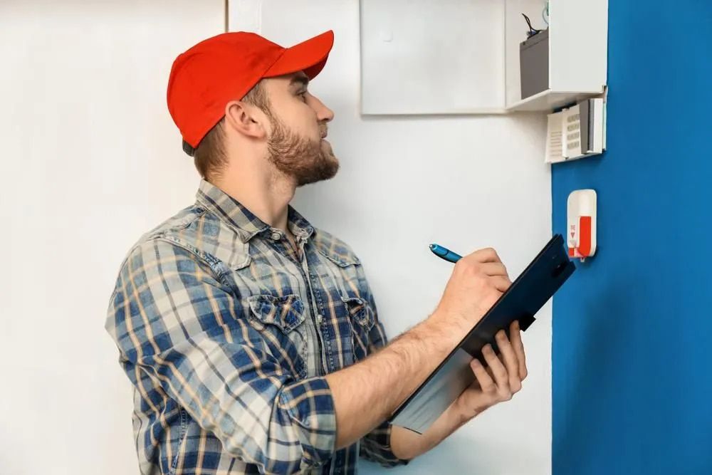 Man in Red Cap and Plaid Shirt Inspects Equipment, Taking Notes — FNQ Smoke Alarms & Maintenance in Goldsborough, QLD