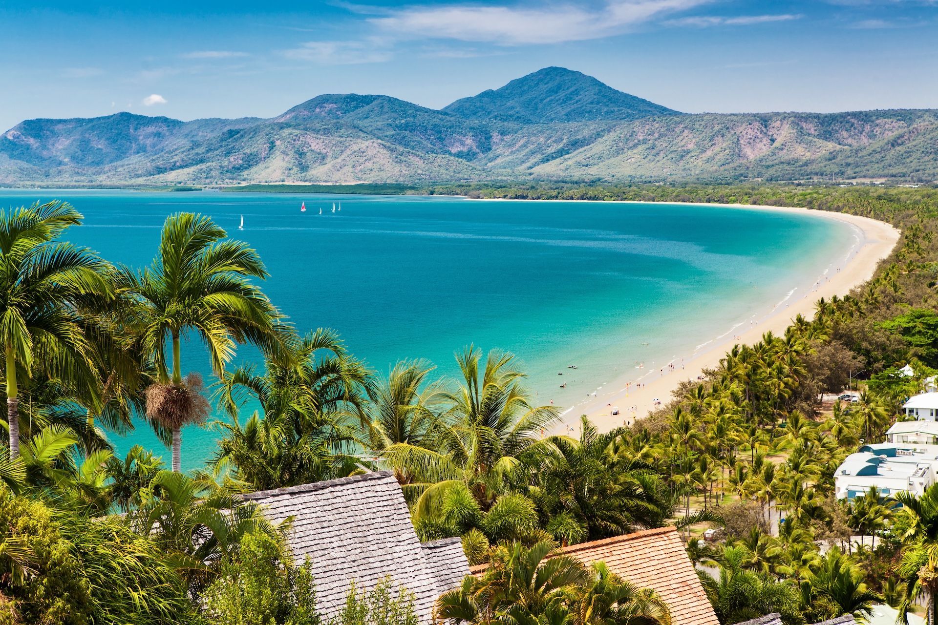 Tropical beach with turquoise water, white sand, palm trees, and mountains in the background — FNQ Smoke Alarms & Maintenance in Port Douglas, QLD