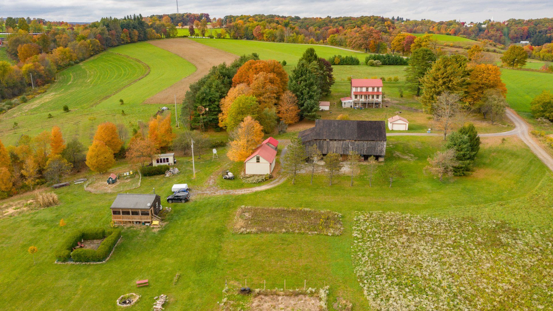Aerial view of a farm in autumn; fields, colorful trees, and buildings scattered across a green landscape.
