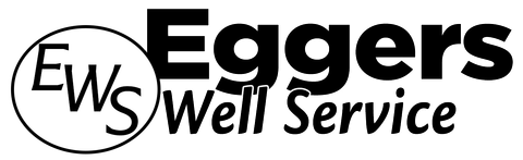 A black and white logo for eggs well service.