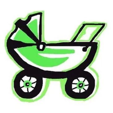 A green and black drawing of a baby stroller