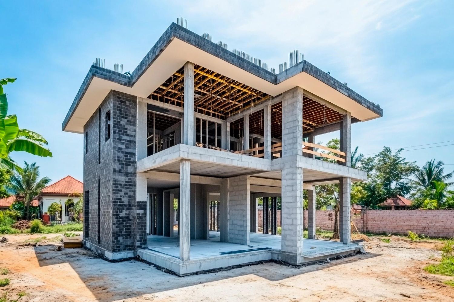 A large house is being built in a rural area.