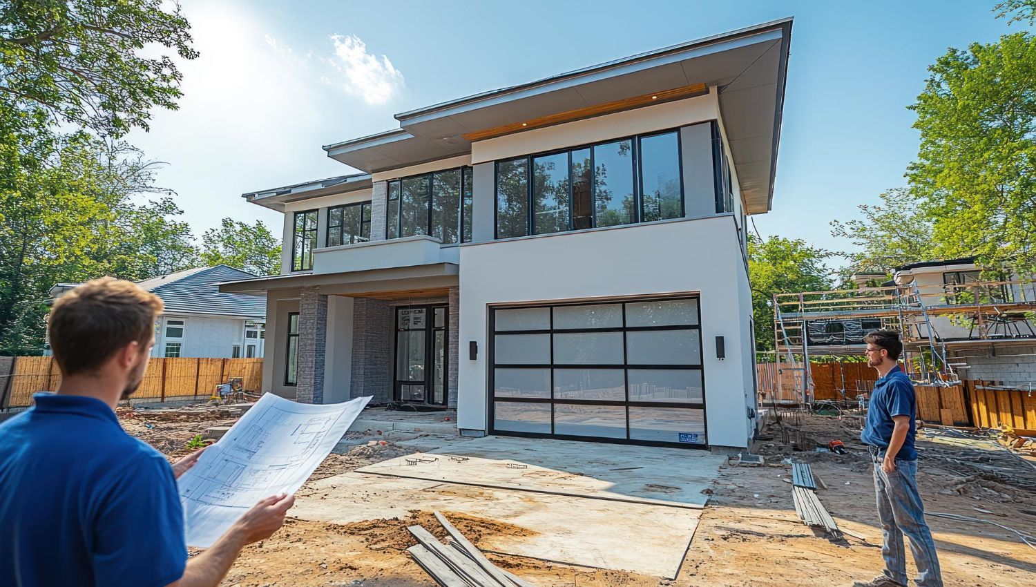 Two men are standing in front of a house under construction.