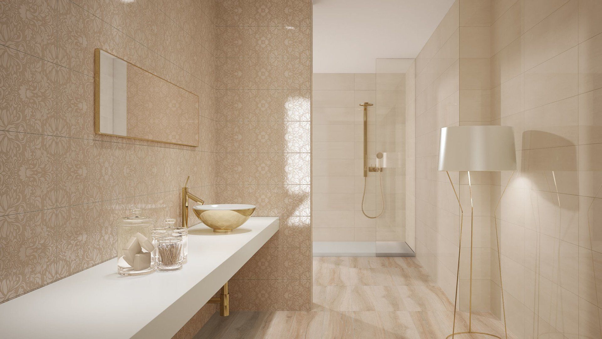 Un bagno con lavandino, specchio e doccia.