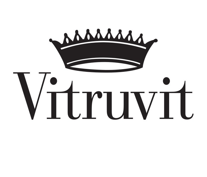 Un logo in bianco e nero per vitruvit con una corona.