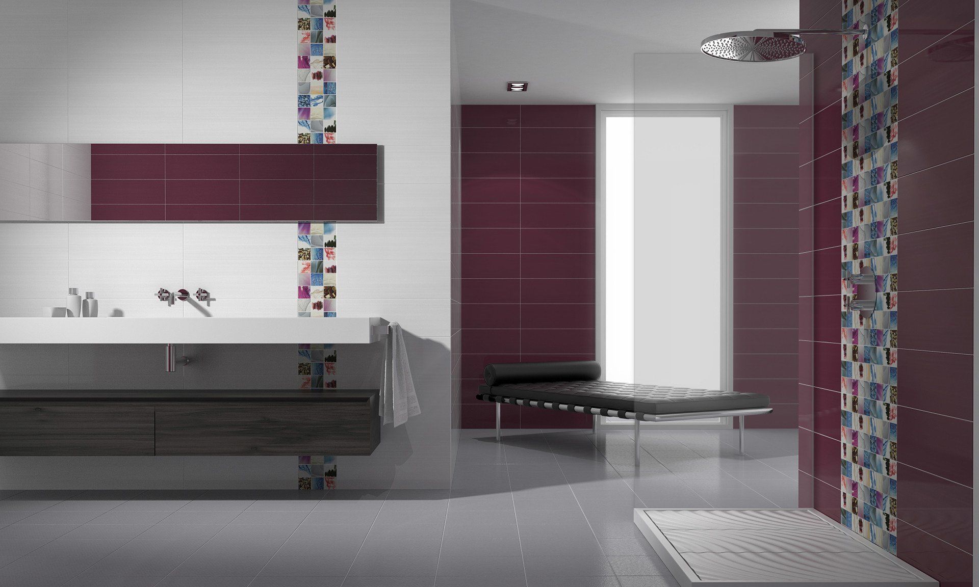 Un bagno con piastrelle viola e bianche e una vasca da bagno