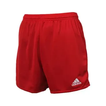 A pair of red adidas shorts on a white background