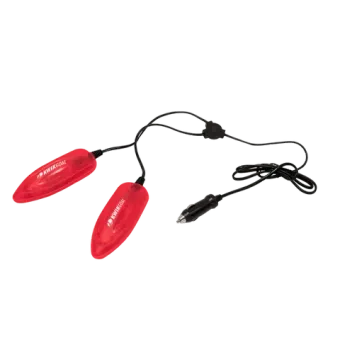 A pair of red shoe dryers with a cord attached to them.