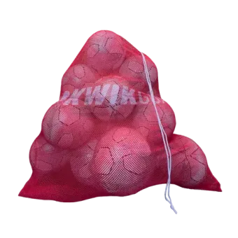 A red mesh bag filled with soccer balls on a white background