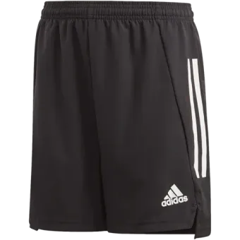 A pair of black adidas shorts with white stripes on the side.