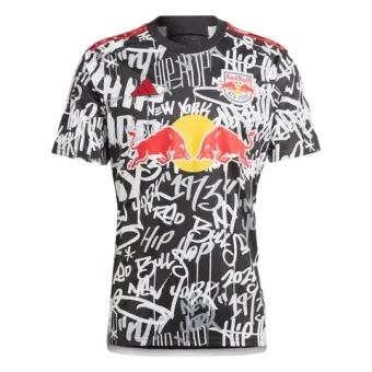 A red bull soccer jersey with graffiti on it