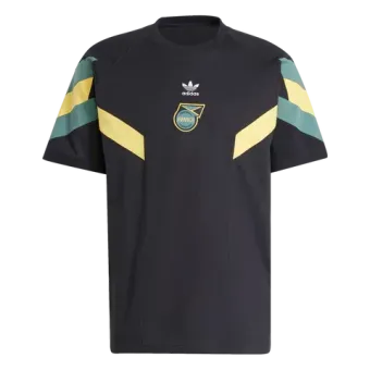 A black adidas t-shirt with yellow and green stripes on the sleeves.