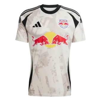 A white soccer jersey with a red bull on it.