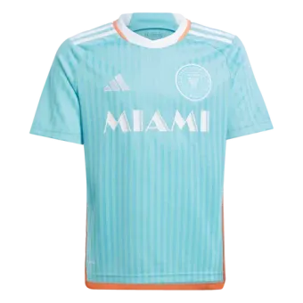 A light blue miami fc soccer jersey with white stripes and orange trim.