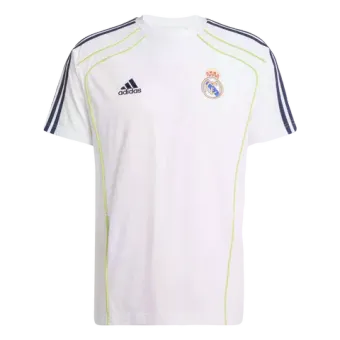 A white adidas t-shirt with blue stripes on the sleeves