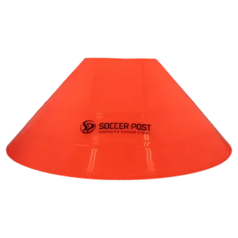 An orange cone that says soccer post on it