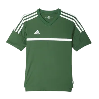 A green adidas t-shirt with white stripes on the sleeves on a white background.