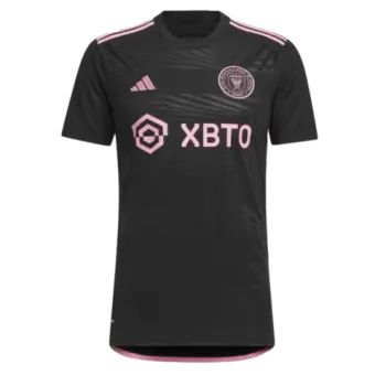 A black and pink soccer jersey with the word xbto on it.