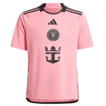 A pink adidas soccer jersey with a black crown on the front.