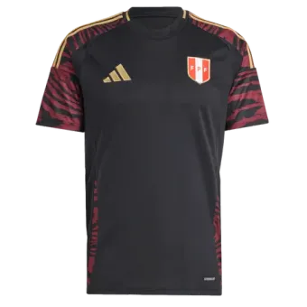 A black and red adidas soccer jersey with a shield on the front