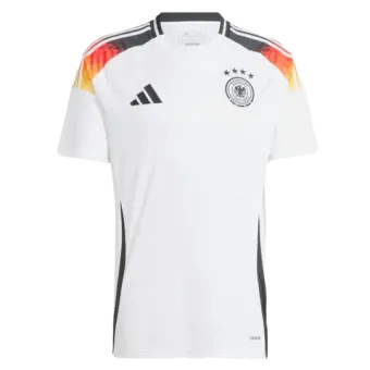A white t-shirt with black , red and yellow stripes on the sleeves.