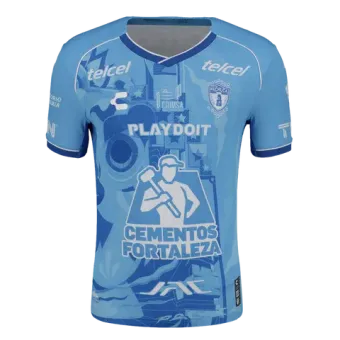 A blue soccer jersey with a man holding a hammer on it.