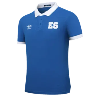 A blue polo shirt with the word es on the front