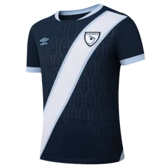 A blue and white soccer jersey with a white stripe on the side