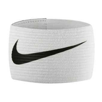 A white nike headband with a black swoosh on it