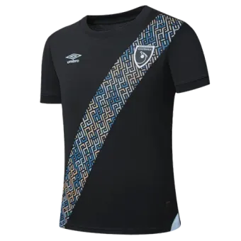 A black t-shirt with a blue and white stripe on the side.