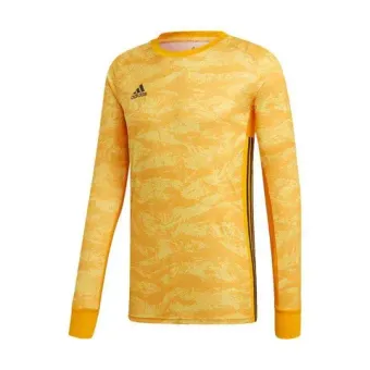 A yellow adidas shirt with long sleeves on a white background