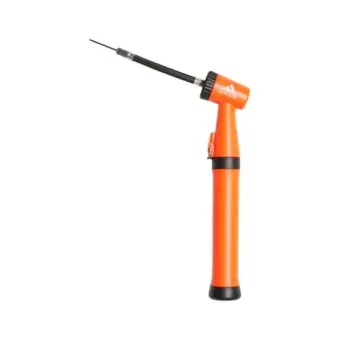 An orange soccer ball pump with a long needle on a white background.