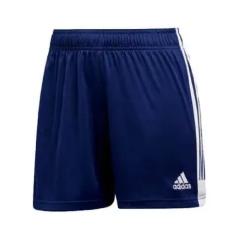 A pair of blue adidas shorts with white stripes on the side.