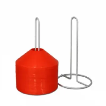 A stack of red cones sitting on top of a metal stand