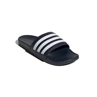 A pair of black and white adidas slides on a white background.