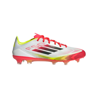 A pair of white and red adidas soccer cleats on a white background.