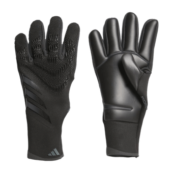A pair of black adidas goalie gloves on a white background