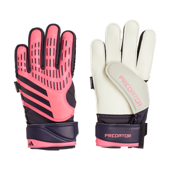 A pair of pink and white goalie gloves with the word predator on them