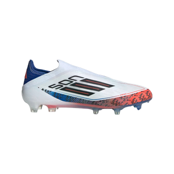 A pair of white and red adidas soccer cleats on a white background.