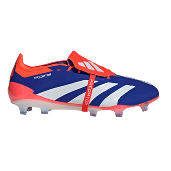 A pair of blue and orange adidas soccer cleats on a white background.
