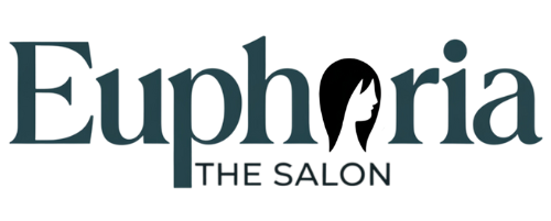 A blue logo for euphoria the salon on a white background.