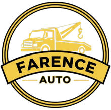 Yellow and black logo for Farence Auto, featuring a tow truck inside a circle.
