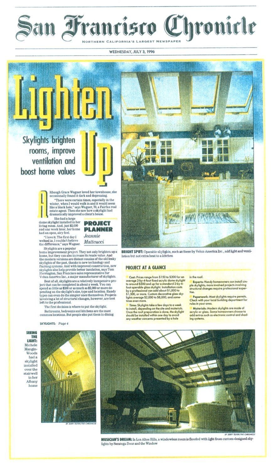 SF Chronicle Article 1996 Page 1 | San Anselmo, CA | Mr Skylight